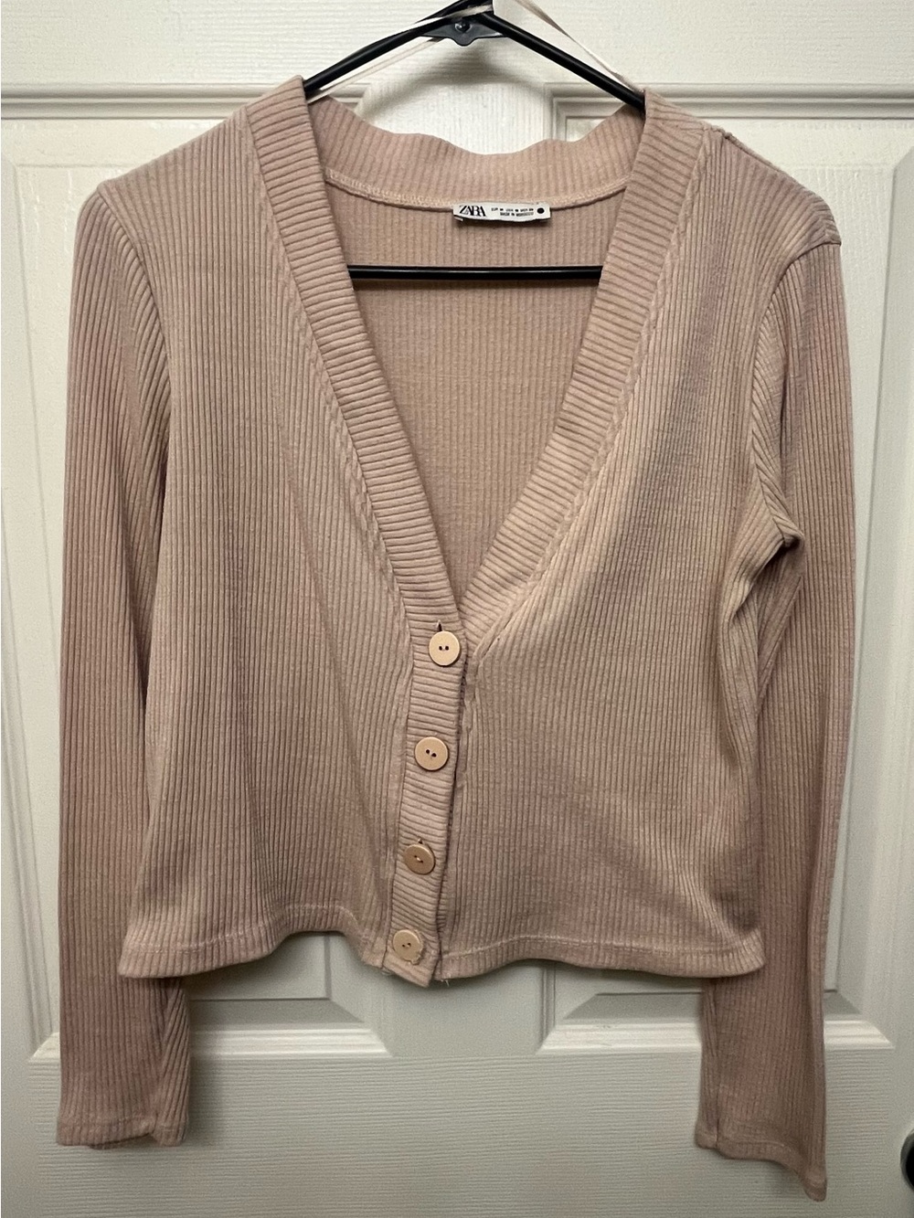 ZARA Ribbed V-Neck Button-Front Cardigan - Light Taupe